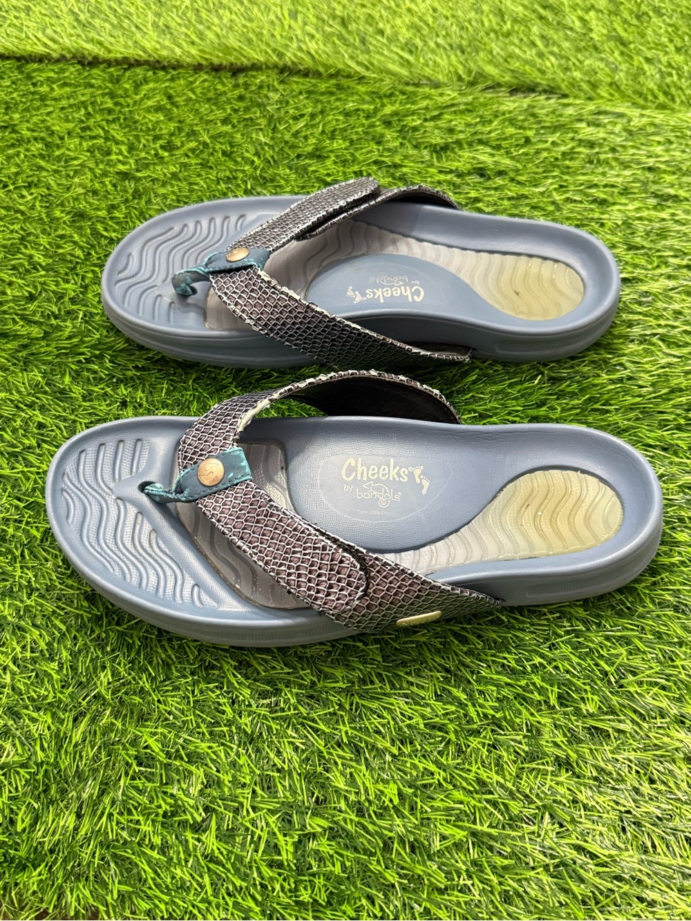 Tony Little Health Sandals Cheeks Faux Snake Skin Thong Flip Flop Bandals Blue 8